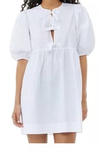 Ganni Cotton Poplin Tie String Mini Dress in Bright White US 4 Short Puff Sleeve