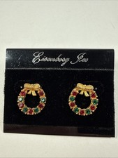 Christmas Holiday Pierced Earrings Red  Green Rhinestones Small Gold Wreaths
