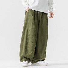   Men Wide Leg Casual Pants Chinese Kung Fu Elastic Waist Loose Trousers