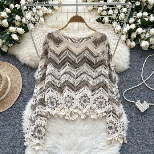 Zig Zag Crochet Top Long Sleeve V-Neck Wavy Striped Open-knit Pullover Sweater f - Picture 7 of 9