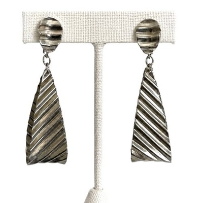 Vintage Napier Folded Silver Tone Modernist Dangle Clip Earrings MCM Statement