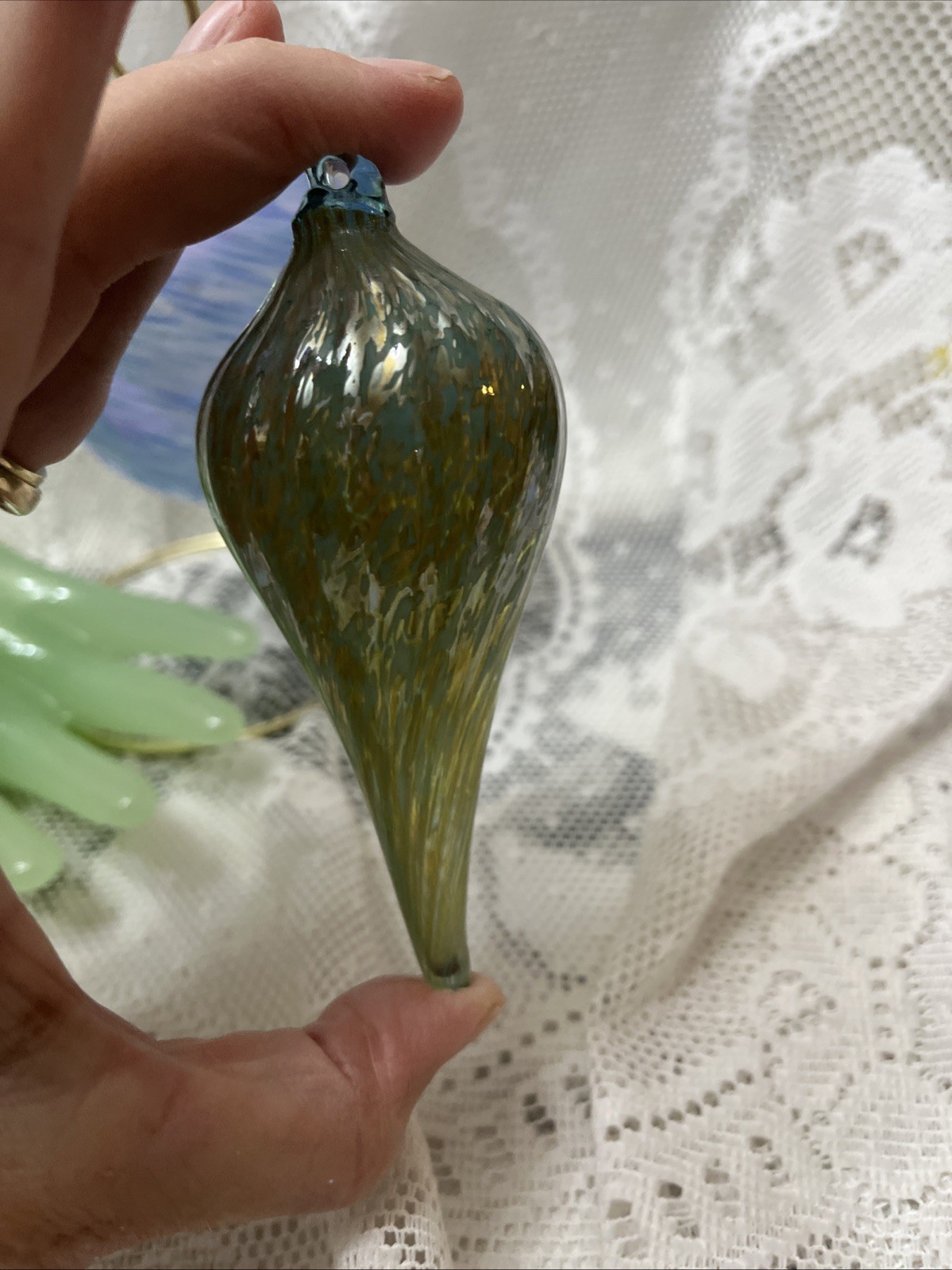 Hand Blown Glass Orb Witch Ball Sun Catcher Ornament  Poland Iron Art Blue Lot 2