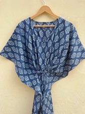 Indian Blue Indigo Handmade Cotton Kaftan Maxi Dress Women's Clothing Gown US