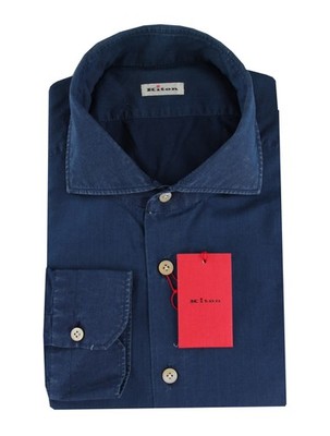 $600 Kiton Blue Solid Cotton Shirt - Extra Slim - (KT314267)