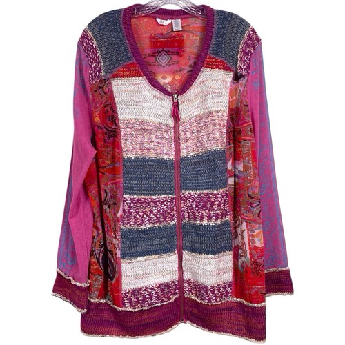 KAKTUS Zip Up Cardigan Sweater Jacket Size 3X Patchwork Knit Mesh Colorful Pink