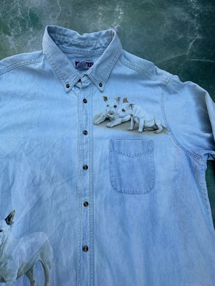 Robert J May Double Sided Dog Print Men's Denim Long Sleeve Shirt Size XL. - Image 3 of 4
