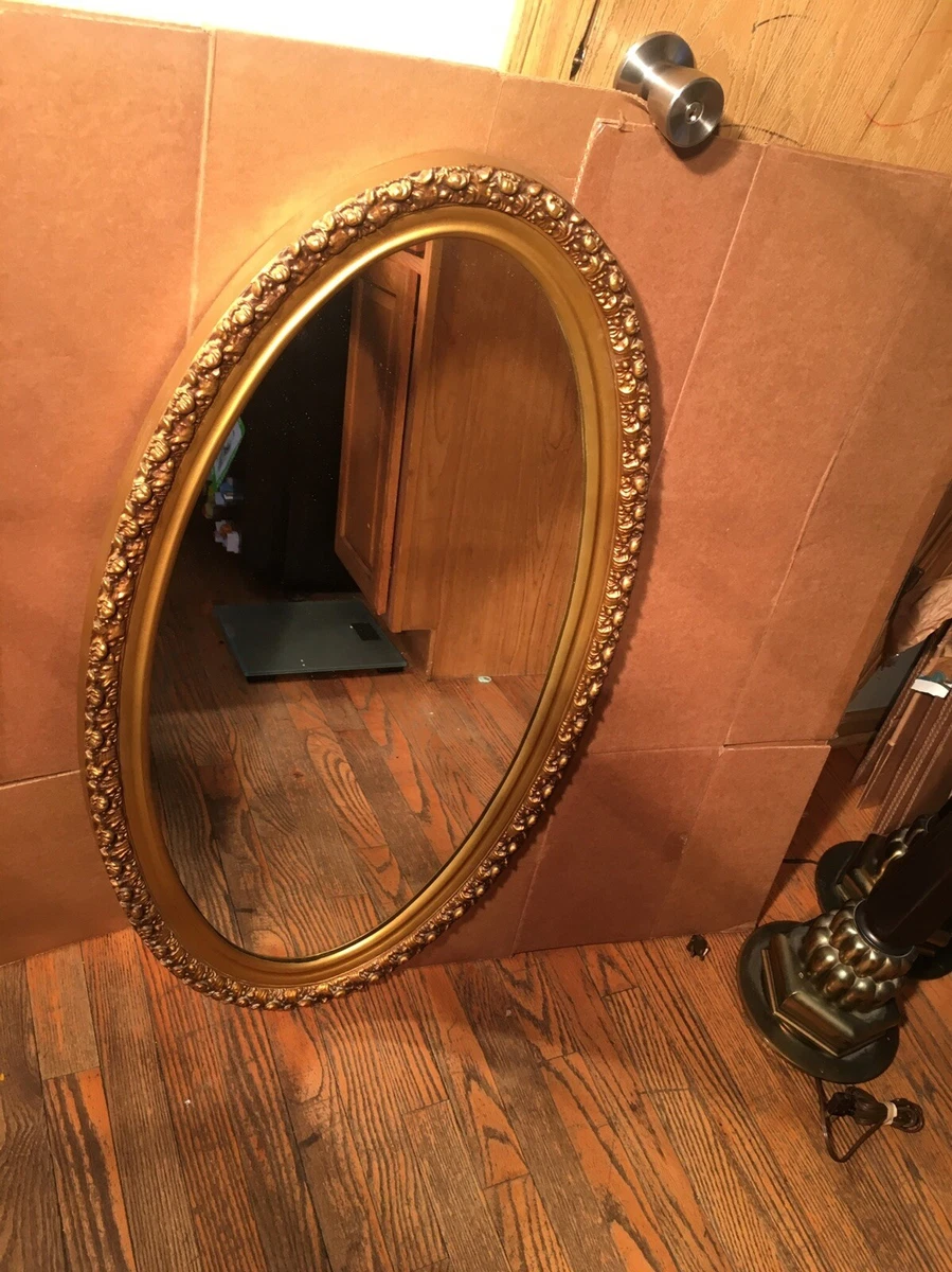 Stunning Large Vintage Round Oval Mirror Gold Tone Ornate Frame MCM 35x19
