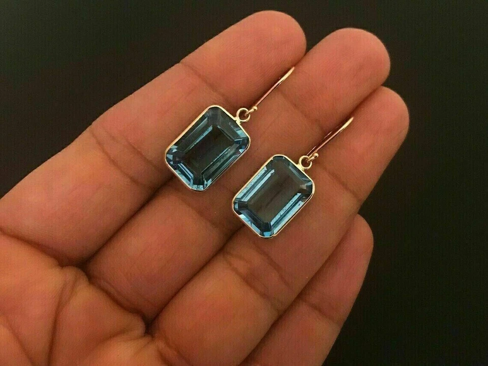 4Ct Emerald Cut Simulated London Blue Topaz Drop Earrings 14K Yellow Gold Plated - Image 2 of 4