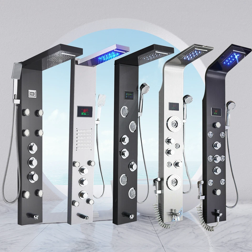 LED Shower Panel Column Tower w/ Massage Body Jets Waterfall Tap Stainless Steel