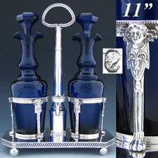 Antique French Napoleonic Sterling Silver 11" Oil & Vinegar Cruet Stand, Cobalt 