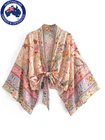 Boho VintageTie Front Floral Print Kimono V Neck Batwing Sleeves Short Robe