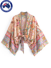 Boho VintageTie Front Floral Print Kimono V Neck Batwing Sleeves Short Robe