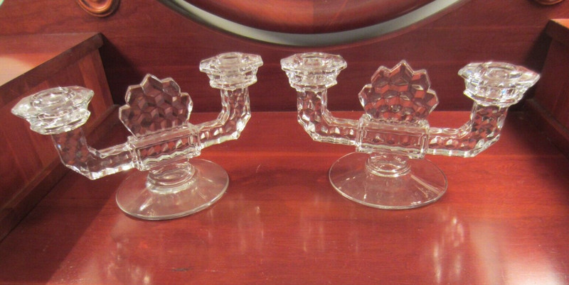 Pair of Fostoria Art Deco Duo Candlesticks-Clear American Cubist