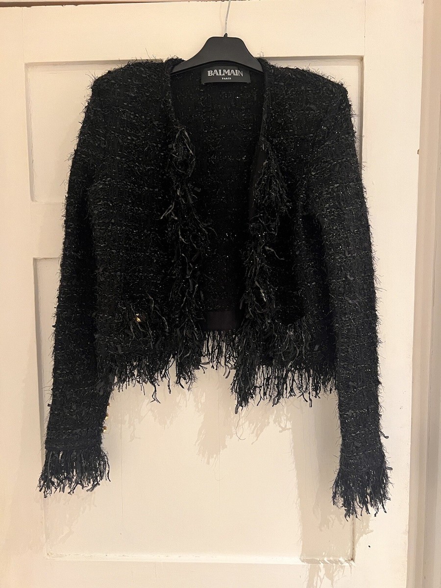 Balmain Cropped Tweed Boucle Black Blazer Gold Button Detail Never