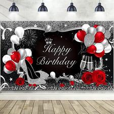 Silver and Black Happy Birthday Backdrop Happy Birthday Banner Red Large Sequin