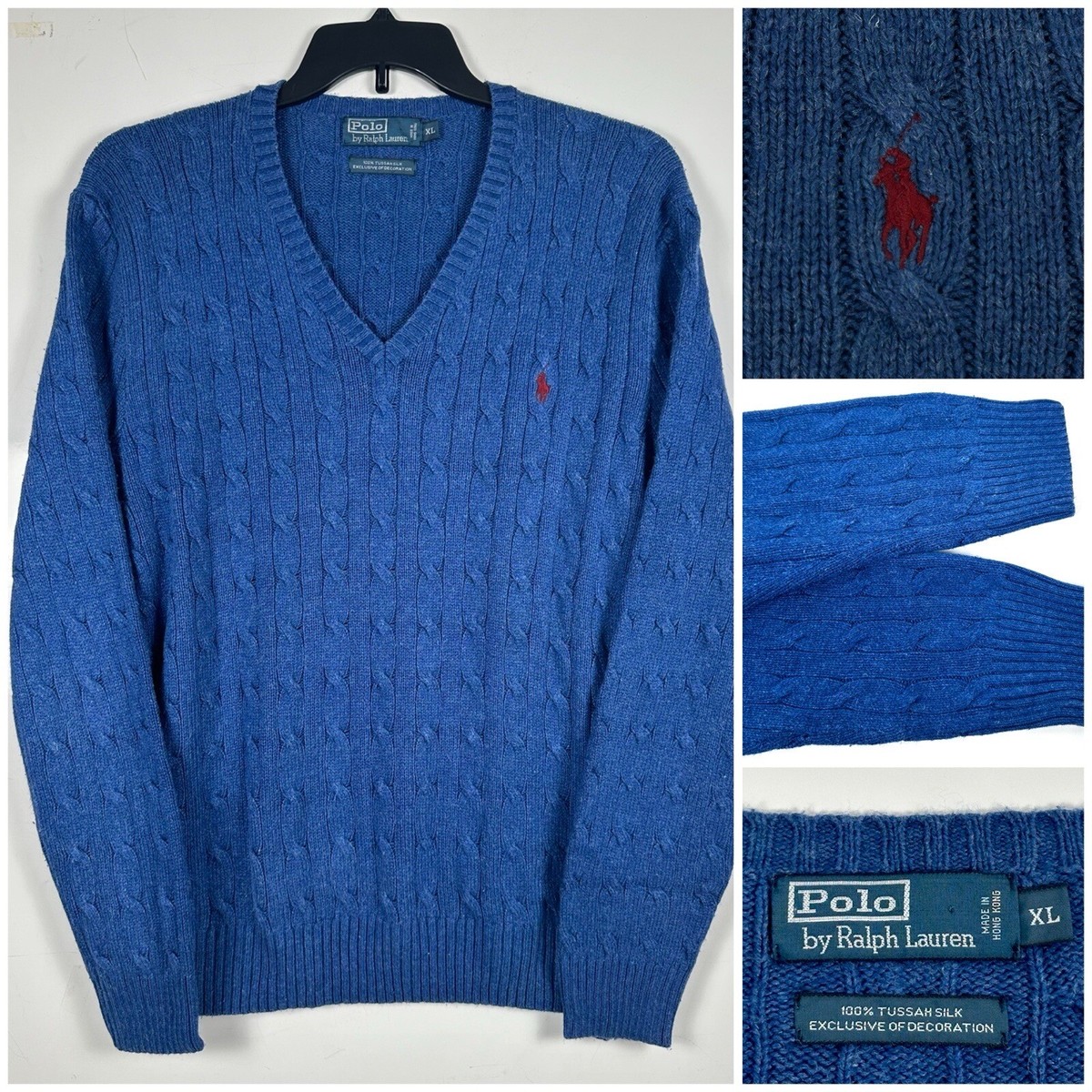Vintage Polo Ralph Lauren Tussah Silk Sweater Mens Cable Knit Blue Pony XL