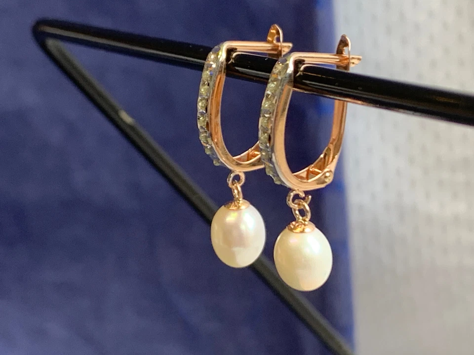 10K Rose Gold Pearl Earrings 1.59g Fine Jewelry Clear Color Stones Leverbacks - Image 4 of 4