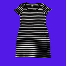 Steve Madden DP28482F Ribbed Mini Dress L Black White Striped Short Sleeve