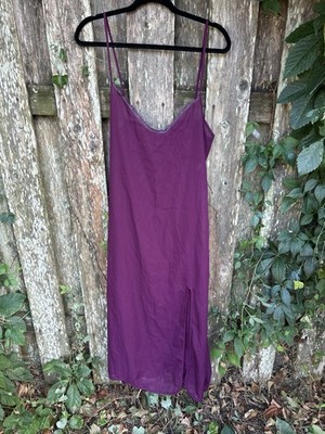 Vtg Nightgown Petra Fashions Satin Purple Lace Trim Sheer Slit Sleeveless Med