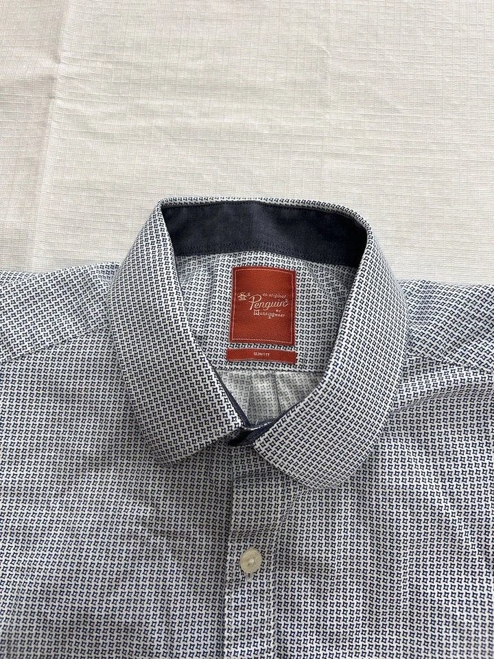 NEW PENGUIN MUNSINGWEAR slate White/Blue MEN DRESS SHIRT 15.5 LS 32/33 slim fit - Image 3 of 4