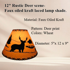 12" Rustic Deer scene-Faux oiled kraft lamp shade with lace.