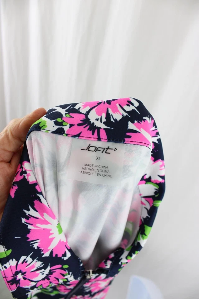 Jofit 海军蓝粉色多印花 1/4 拉链无袖运动服高尔夫 Polo 上衣 XL — 第 3/4 张图片