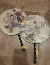 Vintage Chinese Paddle Hand Fans - Set of 2 Artistic Scenes  Calligraphy 