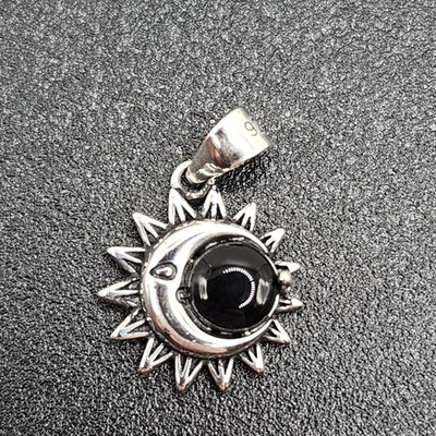 925 NEU Sterlingsilber oxidierter Mond & Sonne schwarzer Achat Stein Anhänger 14mm...