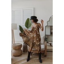 Spell & The Gypsy Brown Bianca Floral Strappy Tassel Dress Size Small