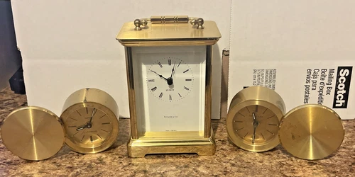 Vtg Tiffany & Co Swiss Made Brass Carriage Mantle Clock Quartz & 2 Tiffany Trave