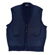 RRL Double RL Ralph Lauren Blue Micro Windowpane Vintage Cardigan Vest Size XL