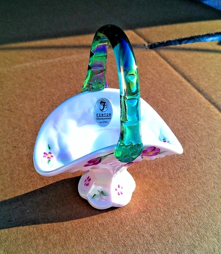 BEAUTIFUL Fenton Iridescent Milk Glass Miniature Basket artist signed