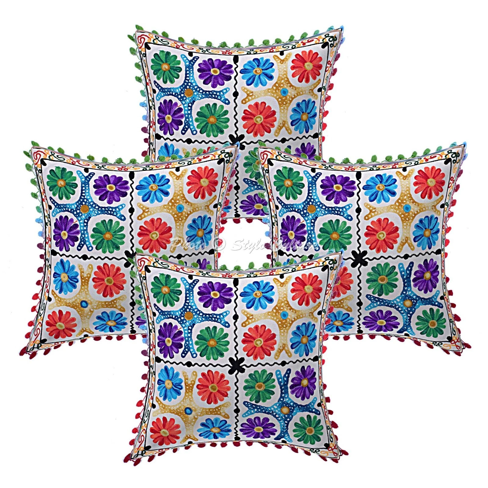 Indian Suzani Embroidered Pom Pom Throw Pillow Covers Cotton Floral Home Decor