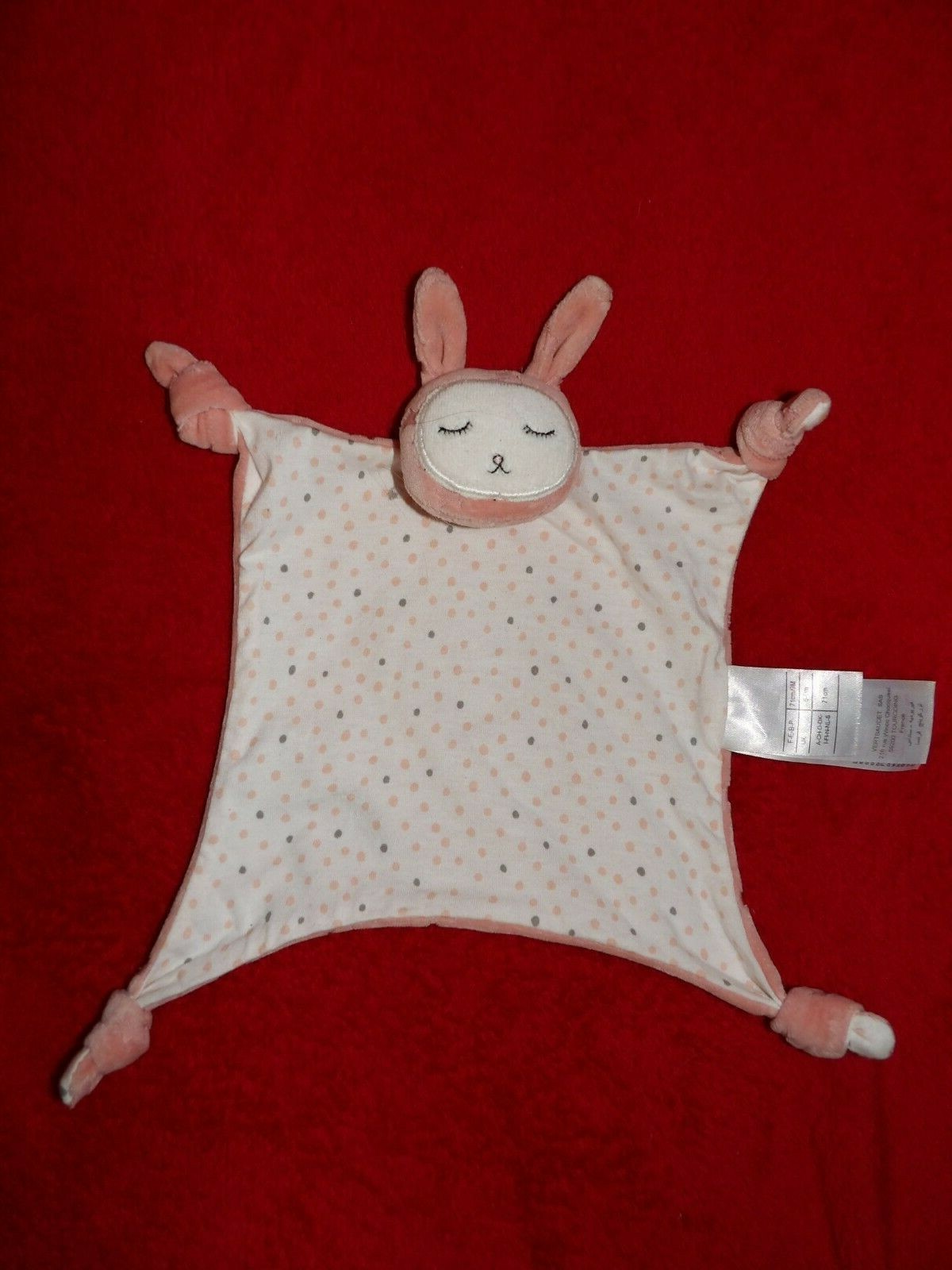 Doudou plat vert Vertbaudet lapin rose et blanc à pois en parfait état pour nourrisson