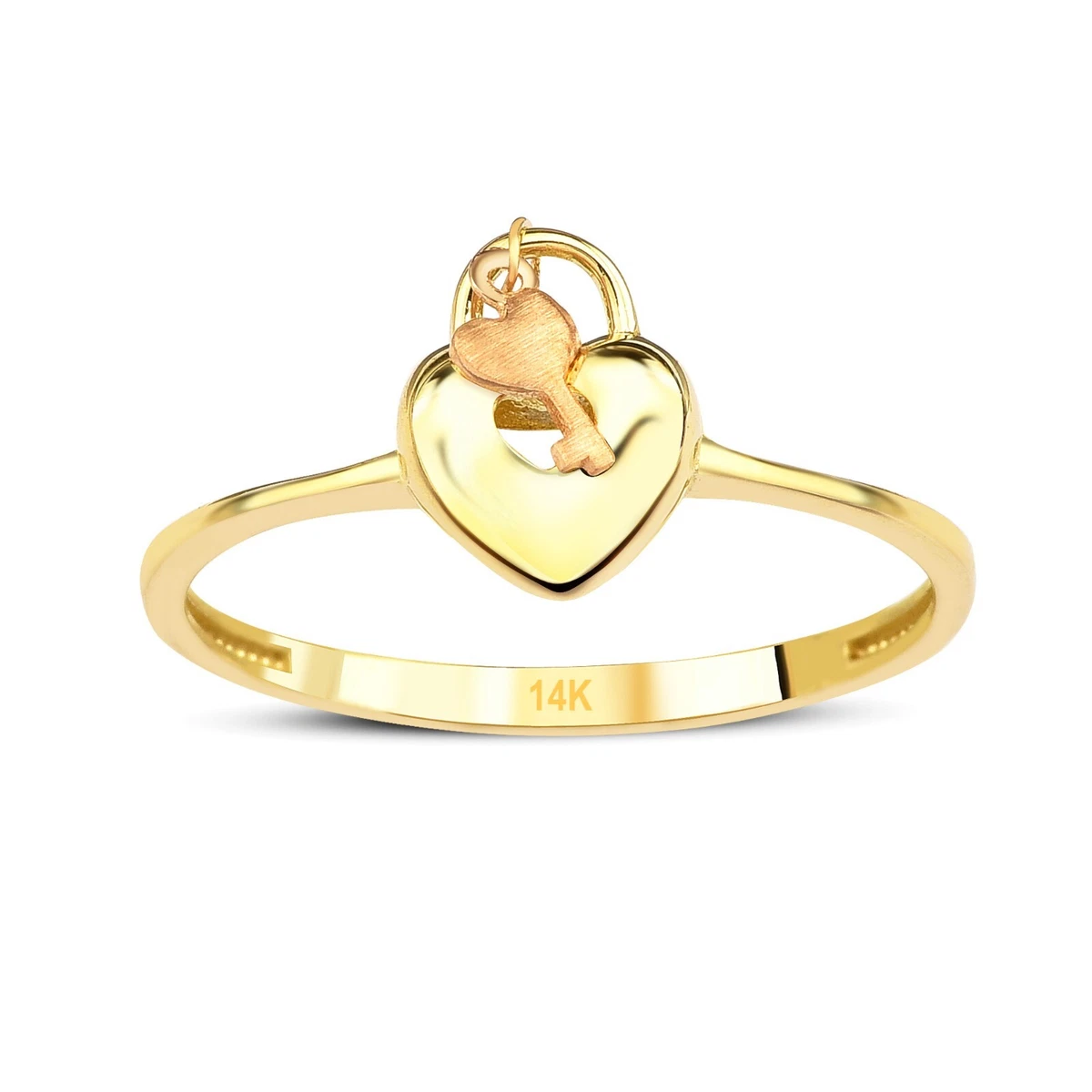14K Gold Heart Ring with Lock and Key Women s Gold Ring Shiny