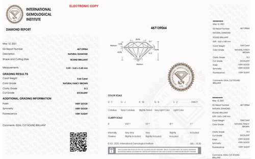 Round Cut Diamond Fancy Brown Loose 0.64 Carat Real Polished SI2 IGI Certificate - Picture 3 of 6