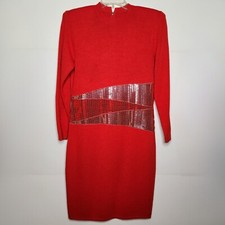 St John Evening Red Knit Sequin Midi Dress Womens Size 8 Shoulder Pads Silver