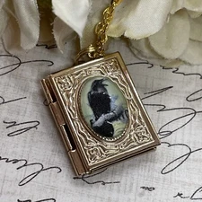 Gold Black Gothic Raven New Pendant Locket Necklace Crow Photo Book birthday