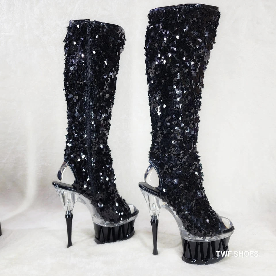 Pleaser Spiky Black Sequin Knee Boots Spiked Design Platform - Image 3 of 4