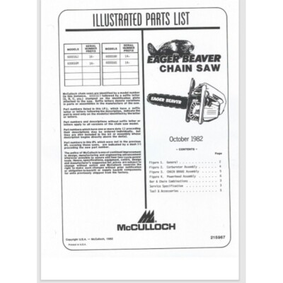 McCulloch Eager Beaver # 215967  Chainsaw Illustrated Parts List 1982 7 pgs