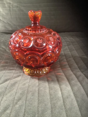 Vintage LE Smith Moon And Stars Amberina Footed Candy Dish/ Compote With Lid