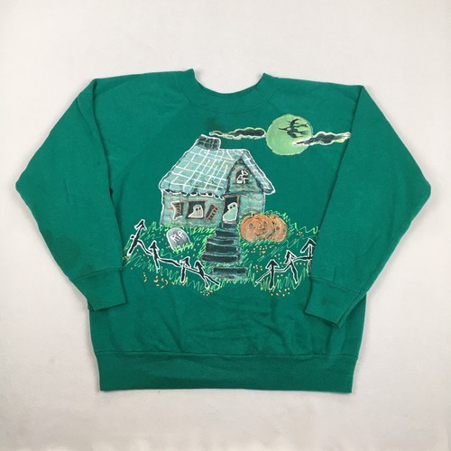 Vintage Halloween Sweatshirt Sz Large Green Crewneck Pumpkin Ghost Handmade 90s