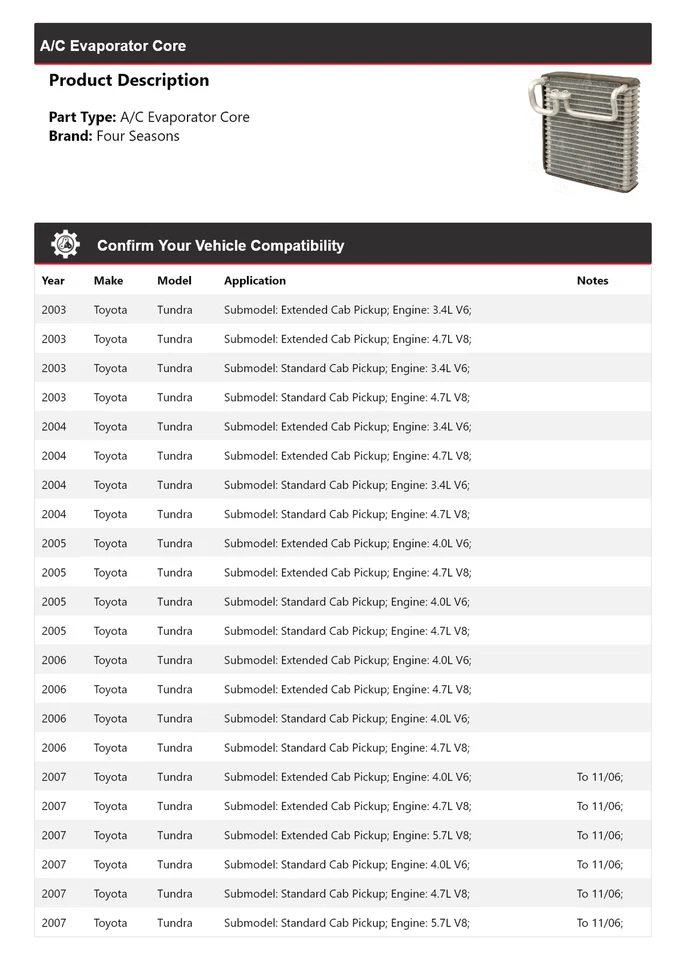 Núcleo evaporador aire acondicionado Toyota Tundra 2003-2007 4 estaciones 2004 2005 2006 Foto 2 de 4