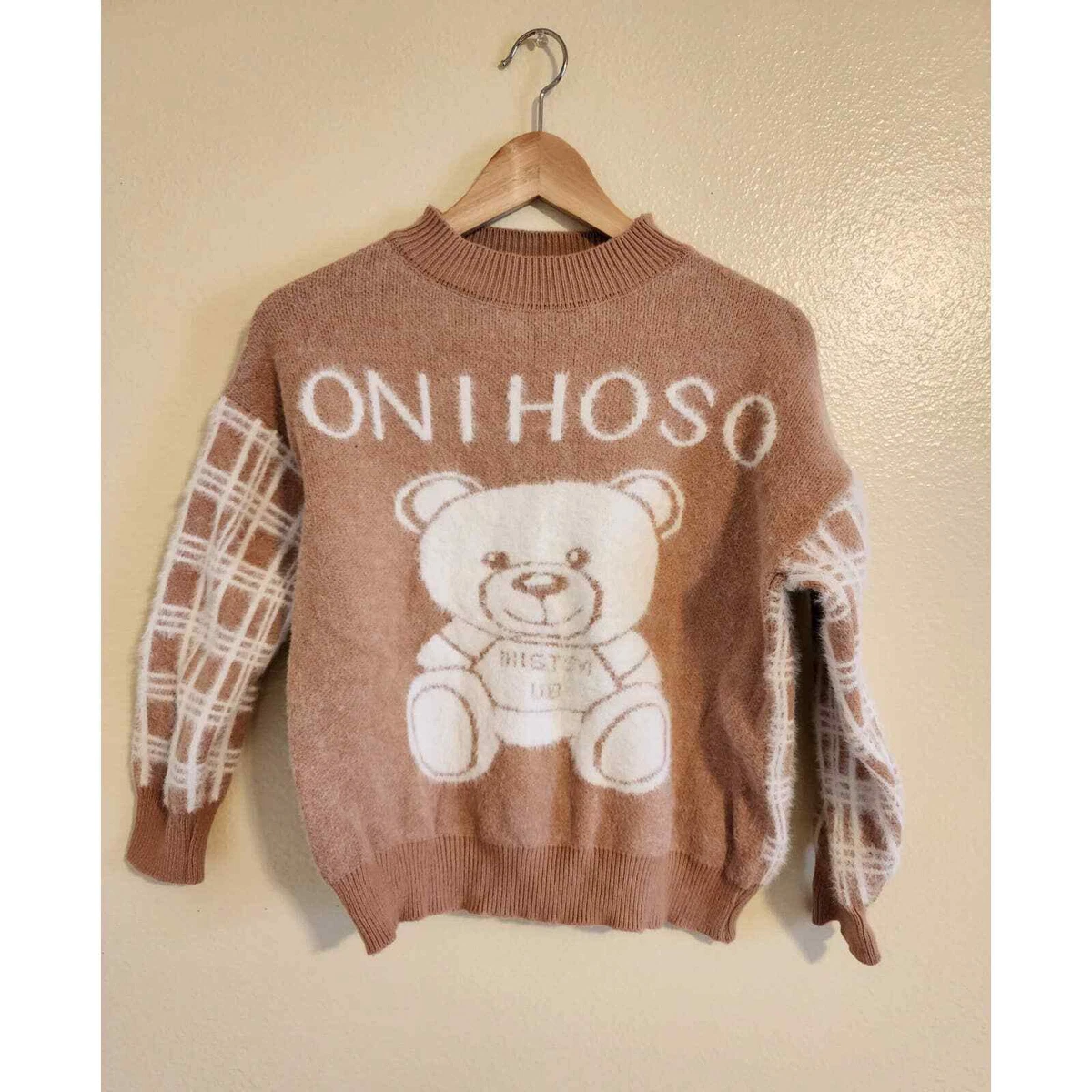 Women s Soft Fuzzy Brown Plaid Sweater with Teddy Bear Motif no tags