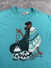 Vintage 80s 1988 Single-Stitch Native American Woman T Shirt XL Turquoise Blue