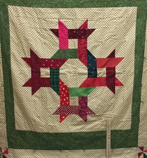 Lap Blanket Quilted Quilt Handmade Wall Hanging Tan Red Interlocking Star 50x44