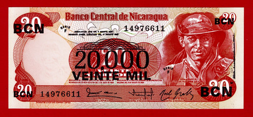 Nicaragua 20K on 20 Córdoba 1987 UNC OVERPRINT Note Commander G.P. ORDONEZ P-147