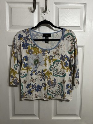 August Silk Knit M Cardigan Button Up Floral Butterfly Print Y2K Rayon Nylon