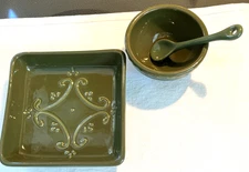 3 Pc. Crate & Barrel Tapas Bowl w/5.5" Square Plate & Spoon Set Portugal Pottery