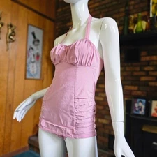 Vtg 50s Pink Ruched Sea Nymph Bombshell Halter Swim Bathing Glamour Suit XS/S